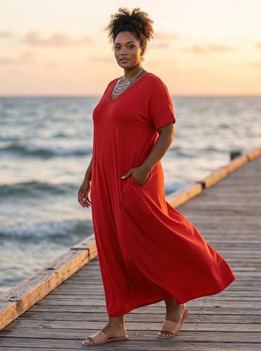 Image of SUZONANA Women Casual T-Shirt Dress V Neck Short Sleeve Solid Color Oversize Dress with Front Two Pockets