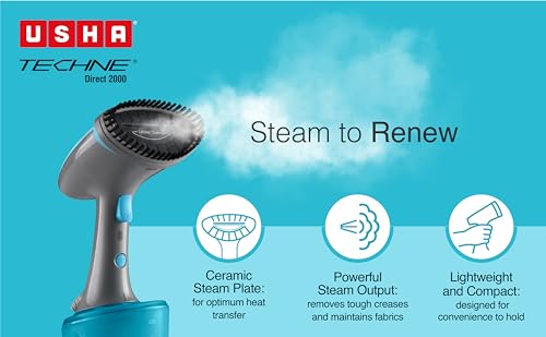 Image of USHA Techne Direct 2000 Garment Steamer- Vertical Steaming,1600 Watts,Up to 28 G /Min Steam Output|320Ml Water Tank|Auto Shut Off After 20 Min|2 Steam Setting(White)