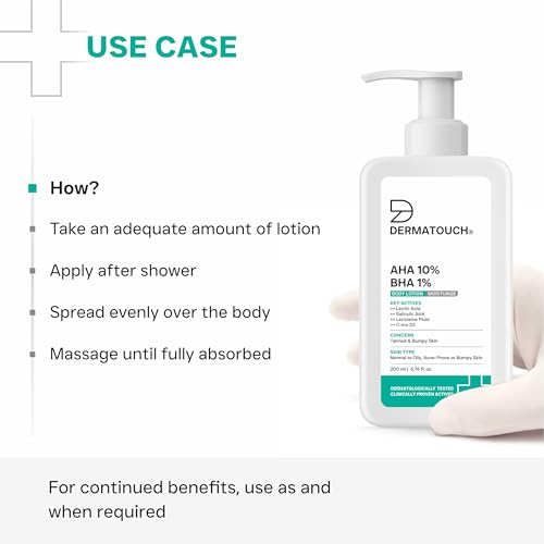 Image of DERMATOUCH AHA 10% BHA 1% Body Lotion For Men and Women | Body lotion For Dry Skin - De-tan, Moisturizing & Bumpy Skin | Suitable For All Skin Types | 200ml (Pack of 2)