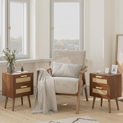 Image of Masupu Rattan Night Stand, Modern nightstand Boho Bedside Table with 2 Drawer, Small End Side Table for Bedroom, Living Room, Office, Walnut
