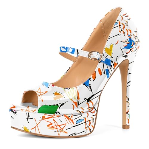 Image of SAMMITOP Women's Peep Toe High Heels Platform Stiletto Pumps Patent Mary Jane Heels 5.5 inch Party Wedding Dress Shoes