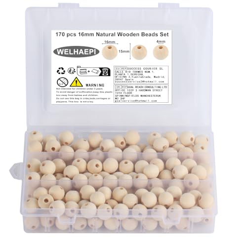 WELHAEPI 170 Pcs Round Wooden Beads Set, Natural, 16mm, Craft Beads for DIY Jewelry, Decoration, 16mm X 170pcs