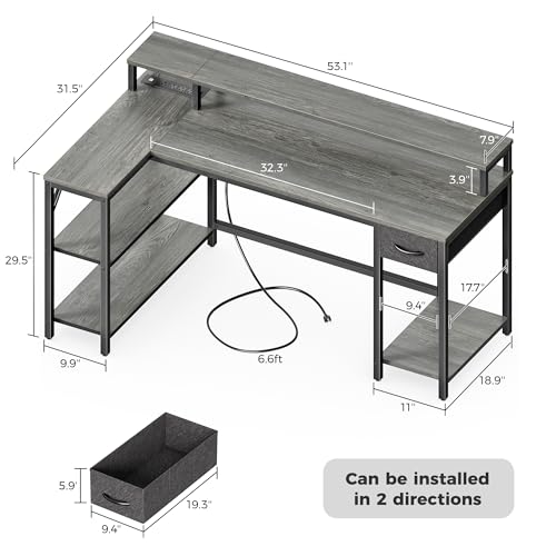 Image of SUPERJARE 53 inch Reversible L Shaped Desk with LED Lights & Power Outlets, Computer Desk with Shelves & Monitor Stand, Gaming Desk with Drawer, Home Office Desk Corner Desk, Grey