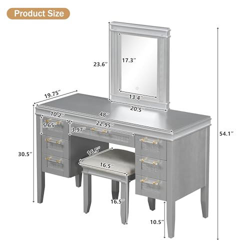 Image of 48 inch Vanity Desk with Mirror, Classic Makeup Vanity with 7 Drawers and Cushioned Stool, Hollow Design Drawer, Rubber Wood Legs, Dressing Table with Bamboo Weave Design, Easy Assembly (Grayish Blue,08)