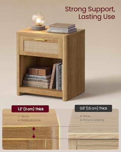 Image of VASAGLE Set of 2 Boho Nightstands with Rattan-Look Drawer | Accent Side End Tables, Open Compartment, Rounded Corners, for Bedroom Bedside, Natural Brown, ELLAN Collection ULET818KC01
