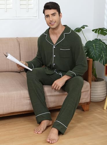 Image of Veseacky Mens Pajamas Set Long Sleeve Soft Pajamas for Men Button Down Sleepwear Pjs Lounge Sets with Pockets S-2XL