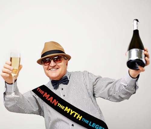 The Man The Myth The Legend Sash – Black Satin with Red, Yellow & Blue Foil Print – Funny Birthday, Retirement, Bachelor Party Accessory – Adjustable, Premium Quality Celebration Sash4