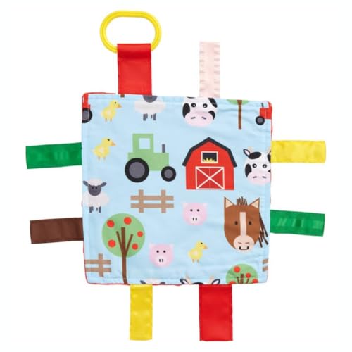 Image of Baby Sensory Farm Animal Crinkle Tag Toy for Developing 5 Senses - Learning Shapes and Colors - Tummy Time - Travel Stroller Keepsake with BPA Free Clip for On The Go 8" x 8"