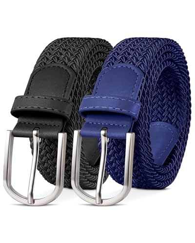 YOUCHAN Pack de 2 Cinturones Elásticos Trenzados Unisex 3.3 cm, Ajustables y Cómodos, para Hombre y Mujer Negro Azul 120 cm