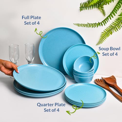 Image of Market99 Heavy-Duty Turquoise Hammered Melamine Dinner Set - 12 Pcs | Includes 4 Dinner Plates, 4 Side Plates & 4 Soup Bowls | Matte Finish Tableware for Daily Use, Kitchen & Dining Decor
