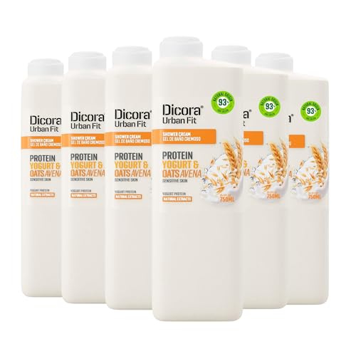 Dicora Urban Fit | Gel de Ducha Cremoso Proteins Yogur & Avena | Gel de Baño Hidratación Suave para Pieles Sensibles | Pack 6x750 ml
