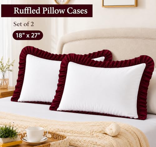 Image of Ruffled Pillow Cases Dule Tone Set of 2, White & Burgundy - Pillow Shams Brushed Microfiber Edge Ruffled Soft Pillow Cover with Envelope Closure for Bedding Decor 18 inch x 27 inch