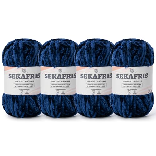 Image of Fuzzy Chunky Chenille Yarn for Crocheting,Soft Plush Yarn for Hand Knitting,Bulky 4x100g (4x49.2yd) Baby Blanket Yarn for Crocheting Amigurumi Yarns,Crochet Fluffy Velvet Yarn (4 Navy Blue)