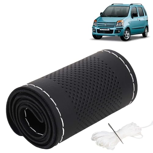 Image of KINGSWAY PU Leatherite Car Steering Cover Sewable Compatible with Maruti Suzuki Wagon R (Year 2003-2010), Black Color with Silver Thread, Pack of 1 with Sewing Needle and Thread