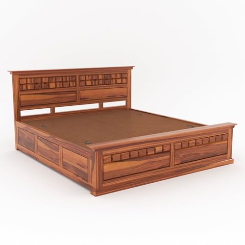 Image of Sheesham Wood Queen Size Bed with Storage Box Wooden Box Bed Queen Size Double Cot Bed with Storage for Bedroom Premium Chocolate Dalla Design Headboard Bed for Living Room | Honey Finish