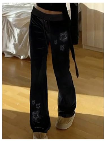 MakeMeChic Women's Y2k Travel Flare Pants Velvet Star Bell Bottom Streetwear2