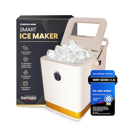 STARKFELD Ice Maker – Máquina de cubitos de hielo de lujo, 15 kg de hielo en 24 horas, autolimpieza y libre de gérmenes, depósito de agua de 1,5 l, hielo en 6 minutos, 2 tamaños de hielo, compacta y
