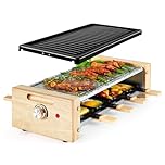 VonShef Raclette Grill Electric – 1200W Stone Raclette Machine for 8 Person, 2 Removable Non-Stick Plates & Adjustable Temperature Dial, Scandi Wooden Design, 8 Mini Pans & Cool Touch Handles