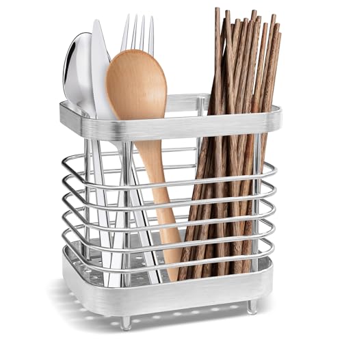 PCKOBEVER Utensil Holder,Stainless Steel Sink Caddy Cutlery Drainer,Anti-Rust Cutlery Storage Rack Kitchen Organiser,Cutlery Organise Sink Tidy Rust Proof Sponge Caddy For Kitchen Utensil (Silver)