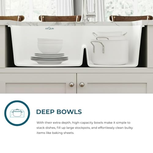 Image of ARQUIN Double Bowl Quartz Kitchen Sink 34x20x9 Inch White | Durable & Scratch-Resistant Sink | Undermount,Topmount | Including Coupling,Sink Connector,Waste Pipe & Fruit Washing Basket