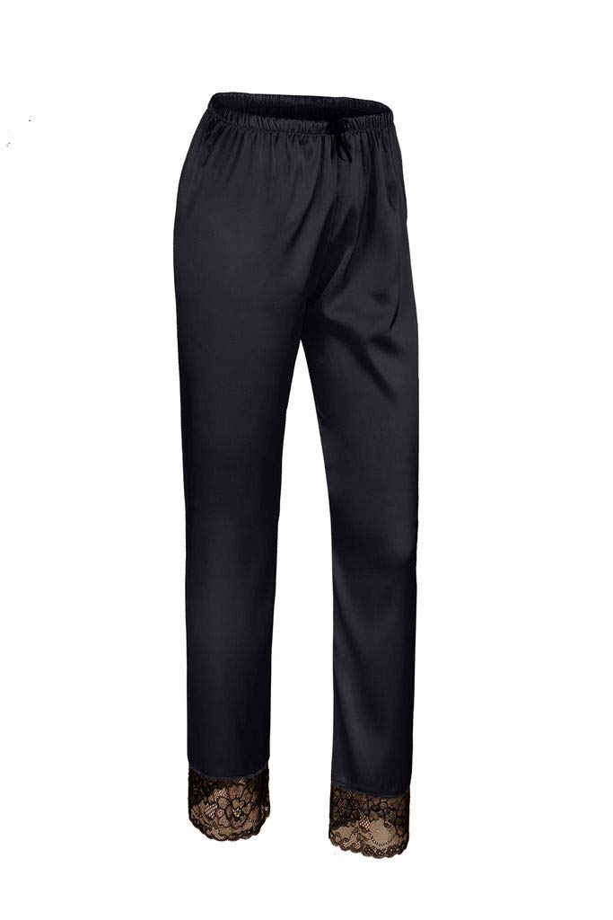 Wantschun Womens Nightwear Sleepwear Pajamas Satin Silk Lace Lounge Pants Pyjamas Bottom Trousers Black S