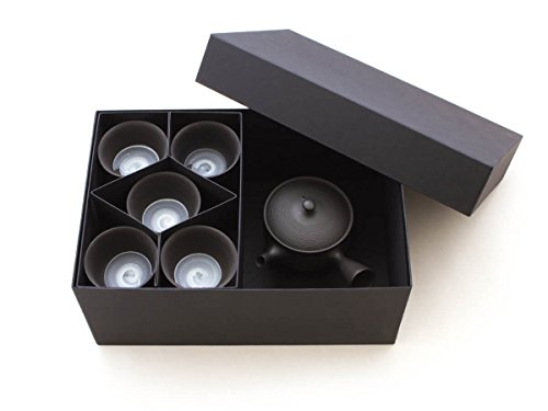 Gyokko - Japanisches Tee-Service 6-teilig. Teekanne Tokoname SENDAN Sen Maru mit 5 Teeschalen. Schwarz, Handmade auf der Töpfer-Scheibe, integriertes Keramik-Sieb Cover