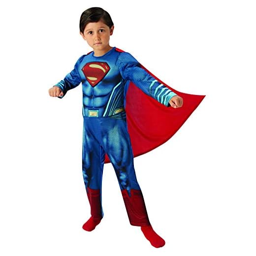 Halloween enia – Disfraz de Superman Dawn of Justice Deluxe para niños con Mono y Capa, Carnaval y Noche de Carnaval, 134 – 140, Azul
