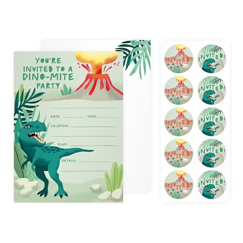 Rileys & Co. 50-Pack Dinosaur Party Invitations for Kids – 5 x 7 inches – Premium Quality Cards with Matching Envelopes & Stickers – Birthday Invitations for Girls and Boys