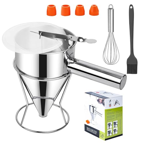 Pancake Batter Dispenser,40oz Stainless Steel Funnel Cake Dispenser,with Lids,Stand,4 Silicone