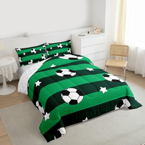 Image of Feelyou Soccer Comforter Set Twin Size Kids Football Pattern Games Bedding Set for Boys Girls Teens Sports Theme Green Geometric Stripes Duvet Quilt Room Decor