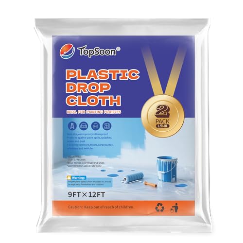 Topsoon Plastic Drop Cloth, 2Pack, 1.5Mil Thick, 9FT x 12FT for Painting, Painters Drop Cloth, Paint Drop Cloth, Paint & Painting Tarp, Clear Plastic Sheeting Sheet, Clear Tarp, Painters Plastic