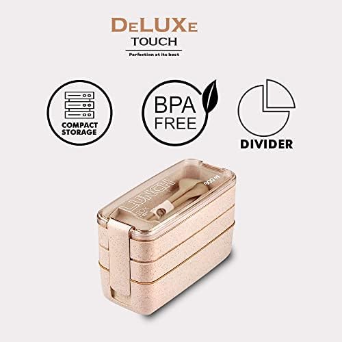 Deluxe Touch Bento Box with Cutlery Set | 3 Compartments Japanese Lunch Box | Portable, Leakproof, Dishwasher & Microwave Safe Lunch Container | Stackable Food Storage Box for Kids and Adults (Beige)