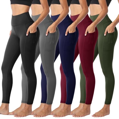 Sundwudu 5 Pack Leggings with Pockets for Women - Tummy Control High Waisted Soft Black Workout Yoga Pants