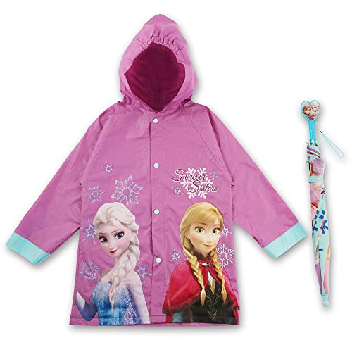Image of Disney Girls Kids Umbrella and Slicker, Frozen Elsa and Anna Little Girl Rain Wear Set, For Ages 4-7