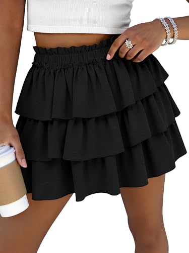 Caracilia Summer Skorts for Women Flowy High Waist Ruffle Tiered Mini Skirts 2026 Casual Beach Vacation Skirt Built-in Shorts Black Medium