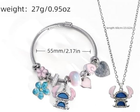 SZZHENGQIT Stitch Cute Anime Cartoon Charm Bracelet, Adjustable Bangle and Necklace Jewelry Set Gifts for Women on Birthdays, Holidays
