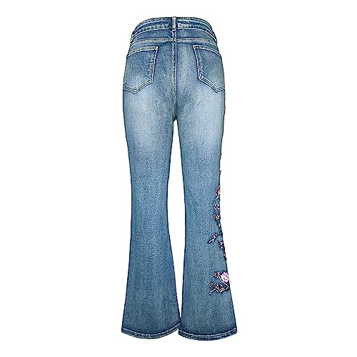 Women Retro Jeans High Waisted with Pocket Slim Fit Boot Cut Jeans for Women Flower Embroidered Jeans Trousers4