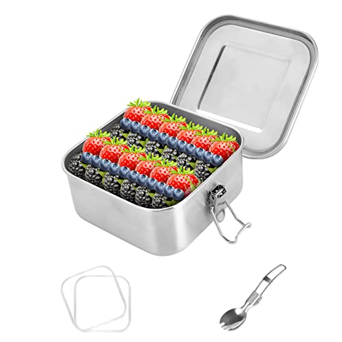 esafio Fiambrera cuadrada de acero inoxidable, 740 ml, a prueba de fugas, con 1 cuchara para tenedor, 2 anillos de sellado, clips de cierre, fiambrera para niños y adultos para la escuela Cover