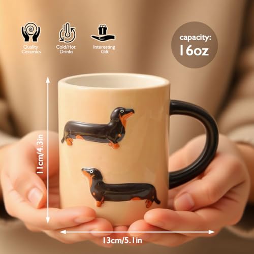 Textured Dachshund Coffee Mug, 16oz Ceramic Cup with 3D Relief Design, Beige with Black Handle Gift for Dog Lovers