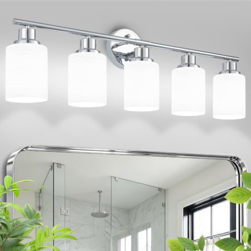 Image of 5-Light Chrome Vanity Lights for Mirror, Bathroom Light Fixtures with Textured Milky White Glass Shade, Modern Kitchen Light Fixtures Wall Sconce Light