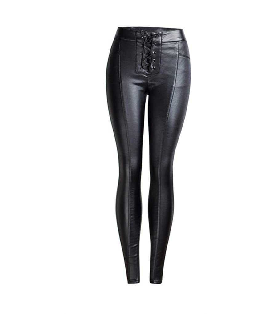 Dninmim Pantaloni a matita stringati neri da donna Pantaloni in pelle sintetica Autunno Inverno Pu Pantaloni in pelle