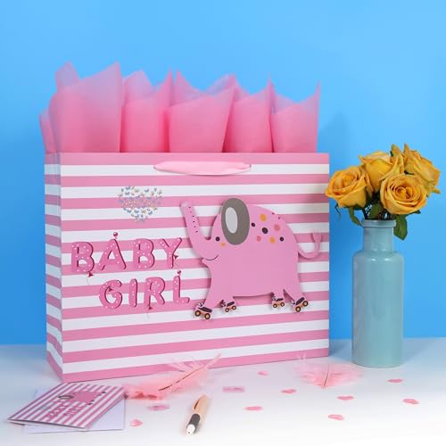 Image of 16.5 inch Extra Large Baby Girl Gift Bag Set with Handles, Greeting Card, Pink Tissue Papers and Stickers for Baby Shower, Newborn, New Moms or Parents, Kids Birthday Party, 3D Elephant Design, 1 Pcs