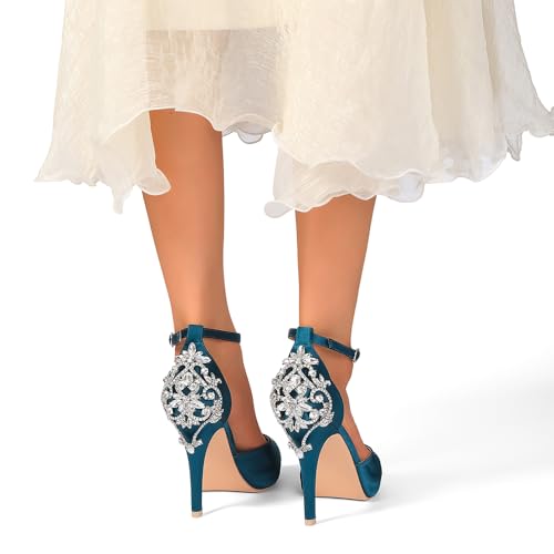 Image of Lady Satin Dress Platform High Heels Wedding Sandals Crystal Back with Free Earrings