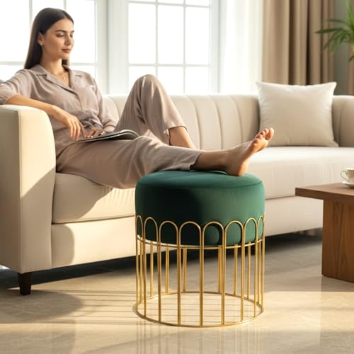 Image of Premium Set of 2 Gold Metal Ottoman Pouffe stool & Footrest for Living Room & Bedroom | Bottle Green Soft & Classy Mosha Fabric With Arch frame | 18 inch height | Luxury Multipurpose Furniture & Decor