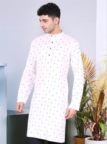 Image of SKAVIJ Mens Cotton Long Sleeve Tunic Printed Kurta (Blue, Medium)