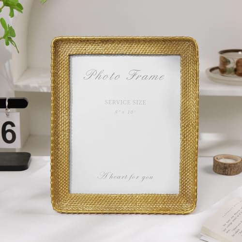 8x10 Picture Frame Gold, Vintage Gold Frames Rattan Textured Hand-Crafted Resin Photo Frame with Glass Front for Tabletop Display & Wall Display, Retro Design Home Decor