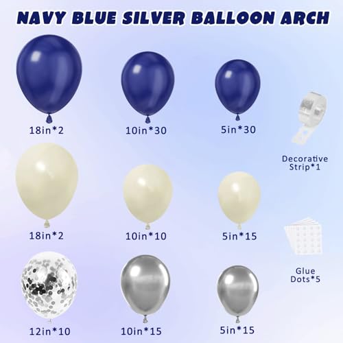 Image of Navy Blue Silver Balloon Arch Kit, Pearl White,129 pcs,Different Size