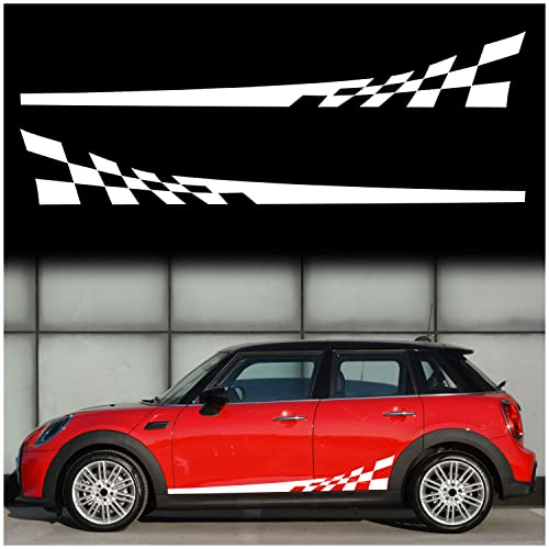 Image of 2Pcs 77.2'' Universal Racing Checkered Flag Graphic Car Body Side Sticker Self-Adhesive Side Strip Decal Lattice Grid Stripe Stickers Decoration for Mini Cooper Truck SUV Vehicles (B, White)