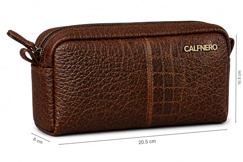 Image of Calfnero Genuine Leather Toiletry Bag for Men & Women | Premium Leather Travel-Pouch | Toiletry Organizer | Cosmetic & Shaving Kit Bag | Unisex Travel Dopp Kit (Cognac-Croco)