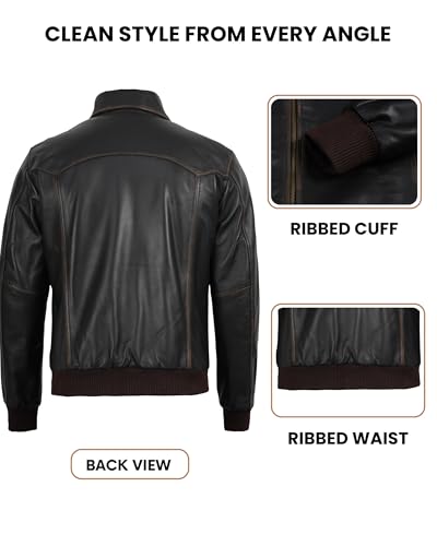 Image of Decrum Men's Bomber Leather Jacket - Vintage Style Real Lambskin Leather Jacket with Rib-Knit Cuffs and Hem